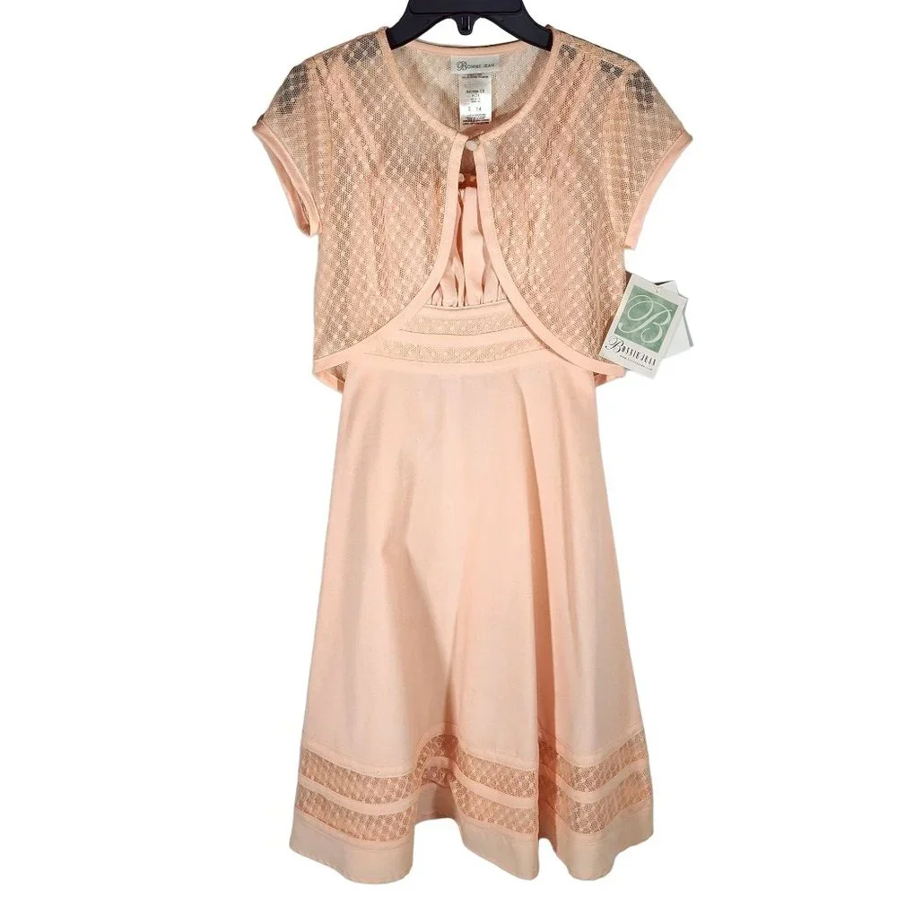 Bonnie Jean 2 Piece Peach Dress & Sheer Crop Jacket Suit NWT‎
